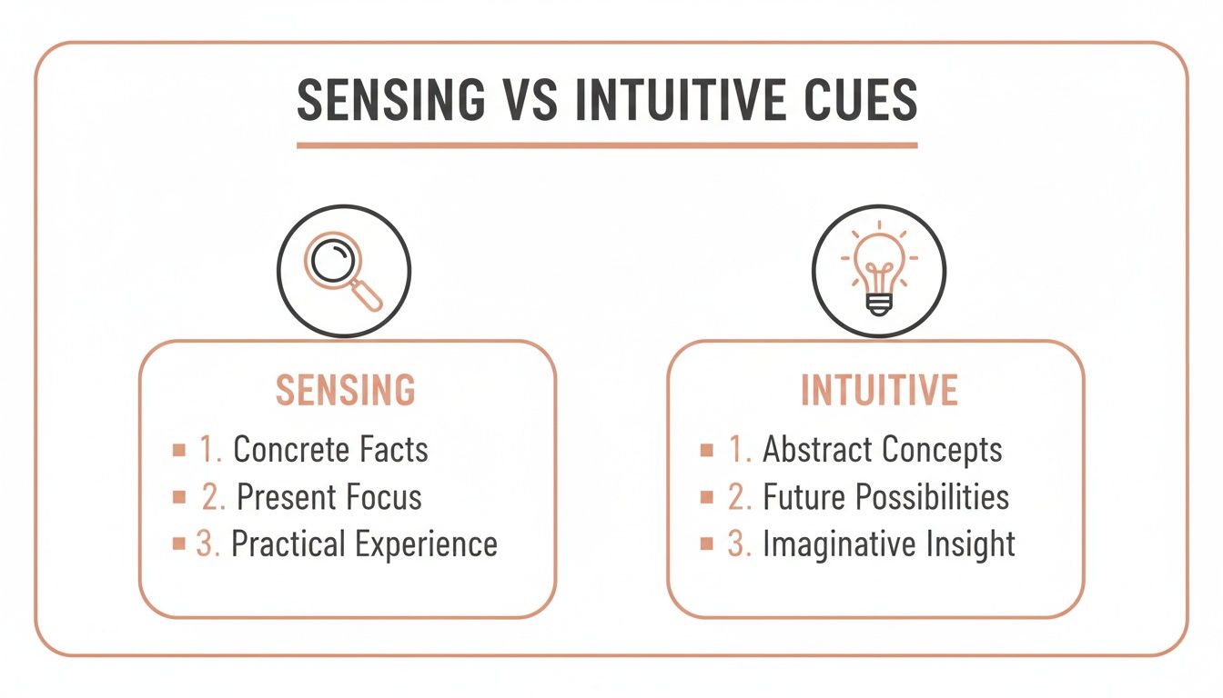 A diagram comparing Sensing and Intuitive cues, detailing their characteristics and focus areas.