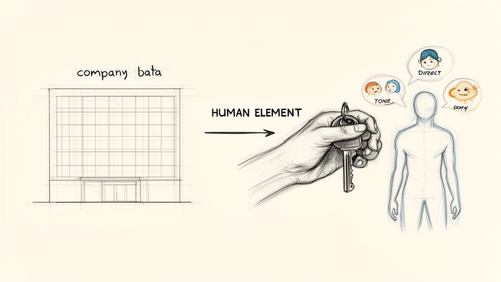 A hand holding a key, transforming business data into human insights.