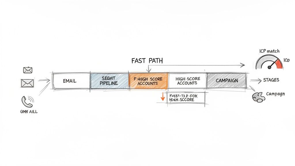 A sales pipeline showing how high-score accounts get a fast path to qualification and campaigns.