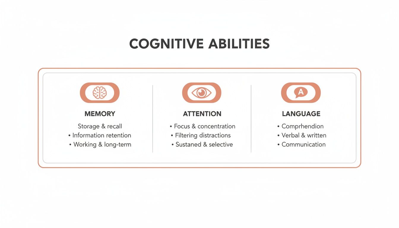 An infographic detailing cognitive abilities: memory, attention, and language, with their respective sub-functions.
