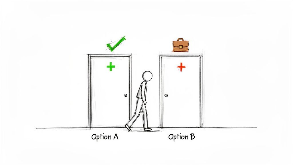 A person choosing between two options, simplifying a complex decision.