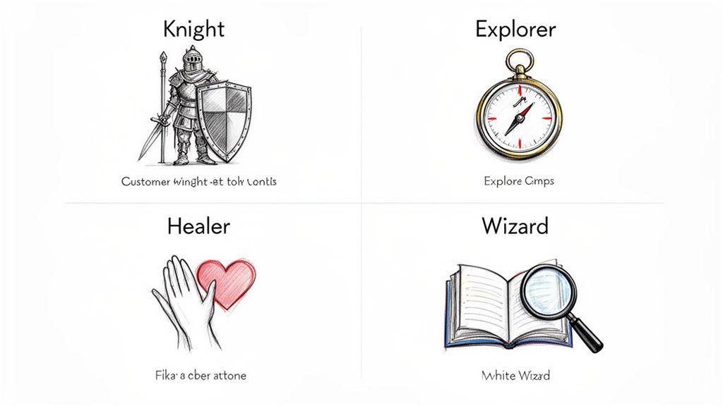 Four archetypes for customer profiling: Knight, Explorer, Healer, Wizard, each with an illustration.