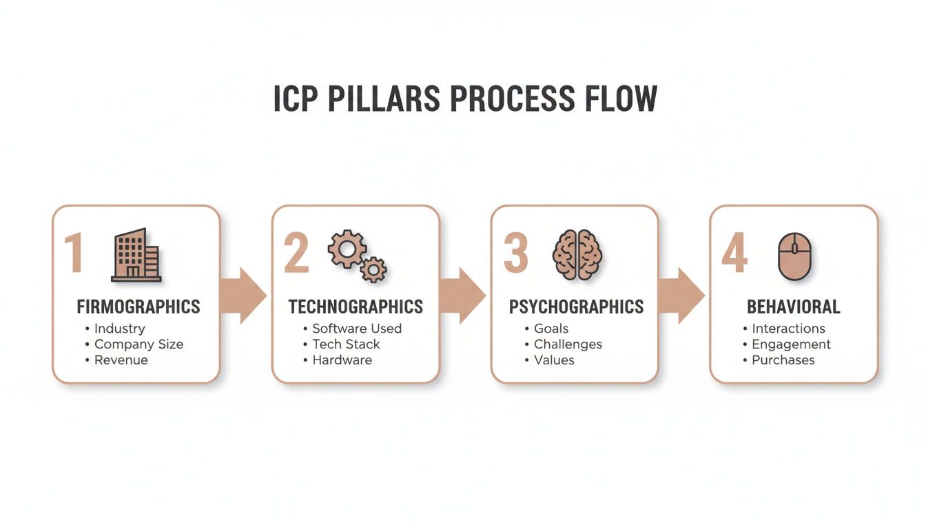 A diagram showing the four pillars of an ICP: Firmographics, Technographics, Psychographics, and Behavioral data.