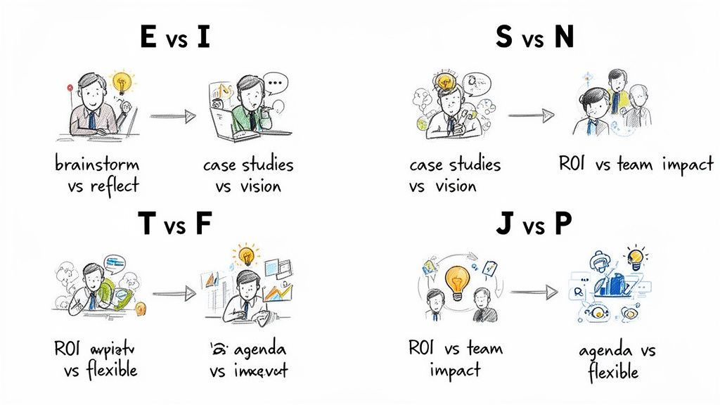 MBTI chart illustrating personality type preferences for work styles and decision-making across four dimensions.