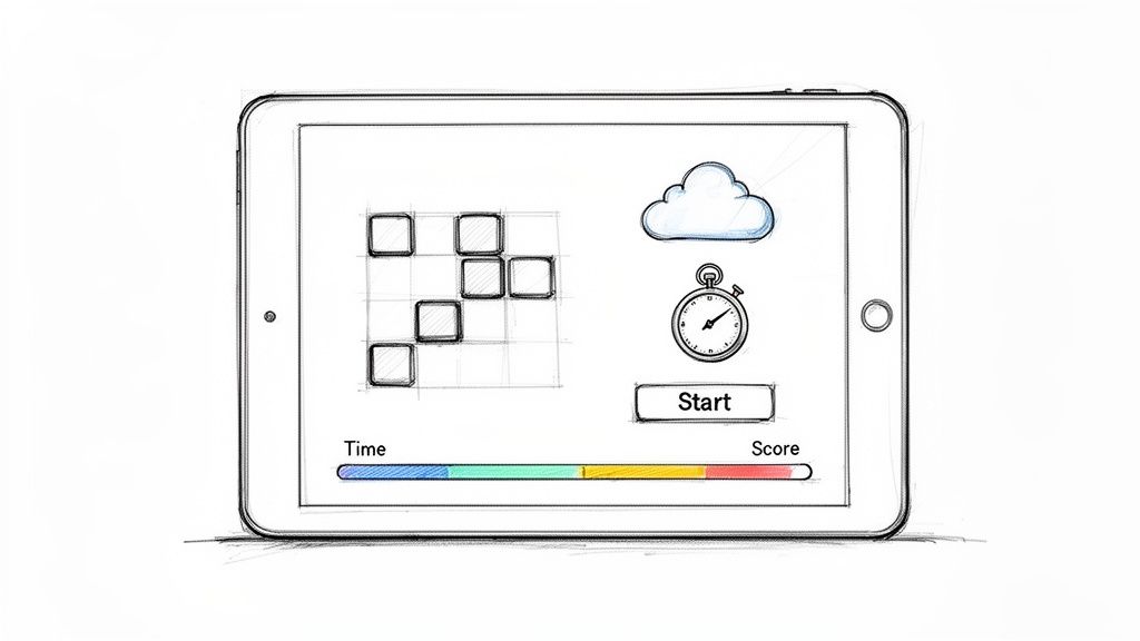 A sketch of a tablet displaying a cognitive test interface with a grid, stopwatch, start button, and progress bars.
