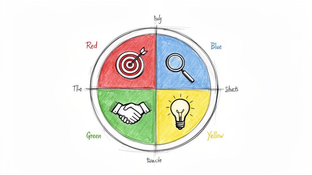 A color-coded diagram showing red, blue, green, yellow quadrants with icons representing different thinking styles.