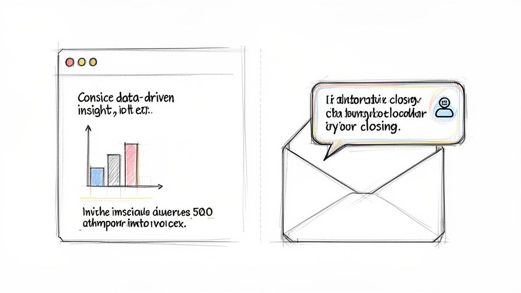 Sketch of a dashboard with a chart and an email icon.