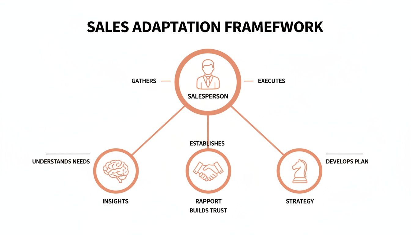 A sales adaptation framework diagram showing how a salesperson gathers insights, builds rapport, and develops strategy.