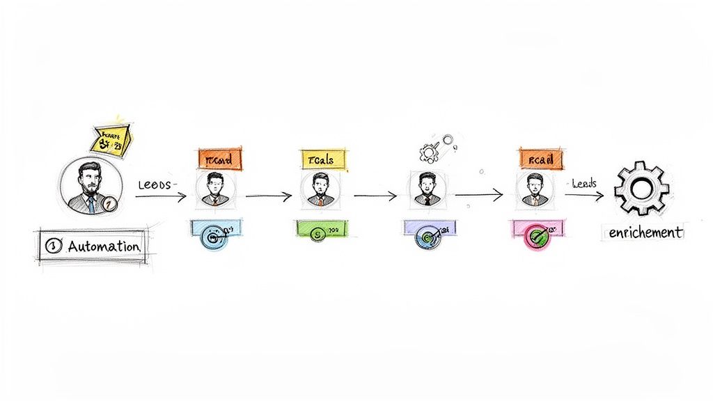 Workflow diagram of an automated lead generation process showing stages and metrics.