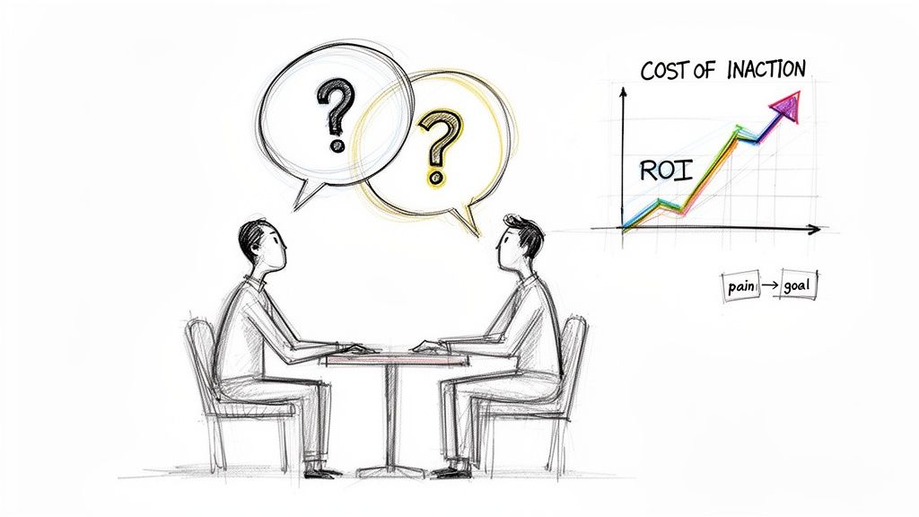 Two individuals discussing, with text bubbles indicating questions, next to a graph showing the rising 'Cost of Inaction'.