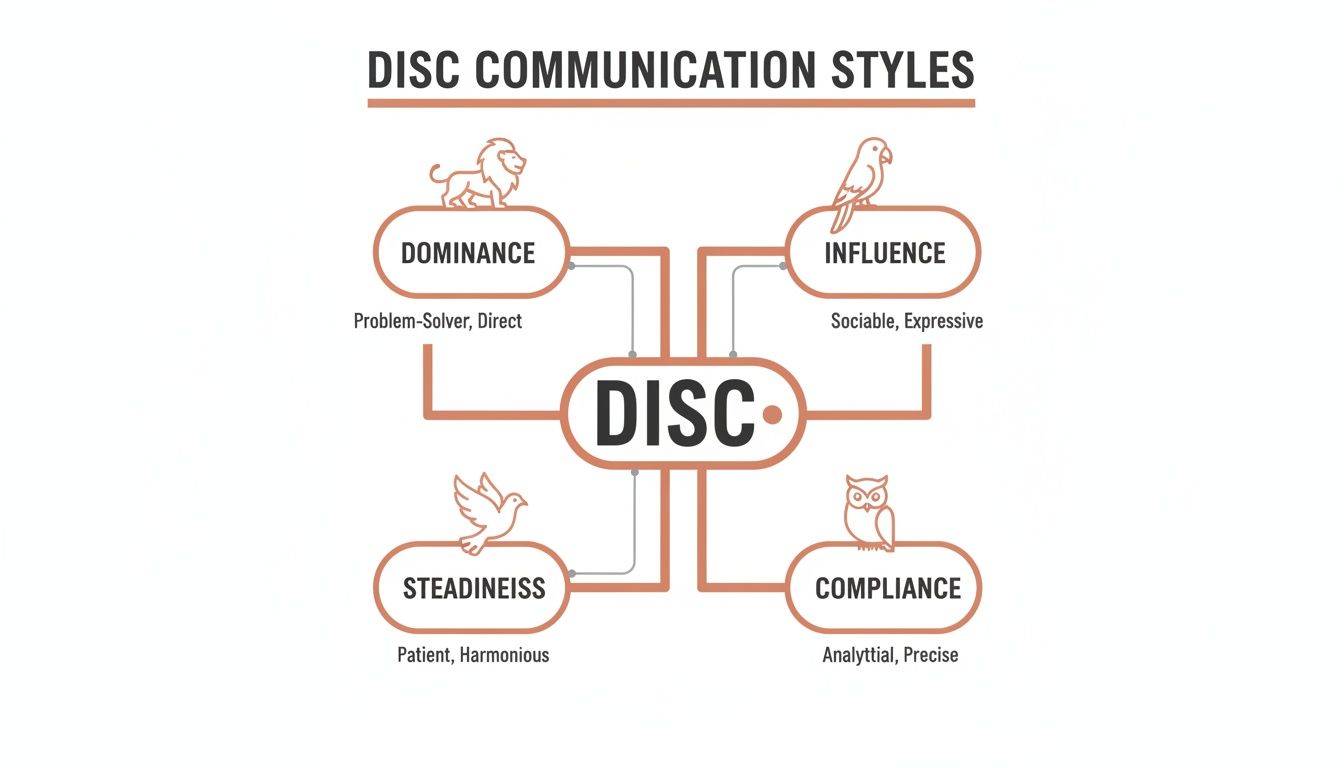 A diagram illustrating the four DISC communication styles: Dominance, Influence, Steadiness, and Compliance.