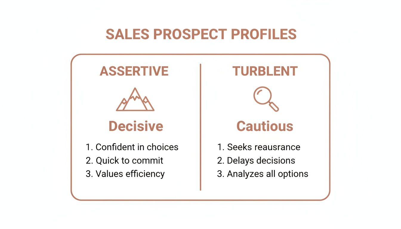 An infographic on sales prospect profiles, contrasting assertive and turbulent types with their characteristics.
