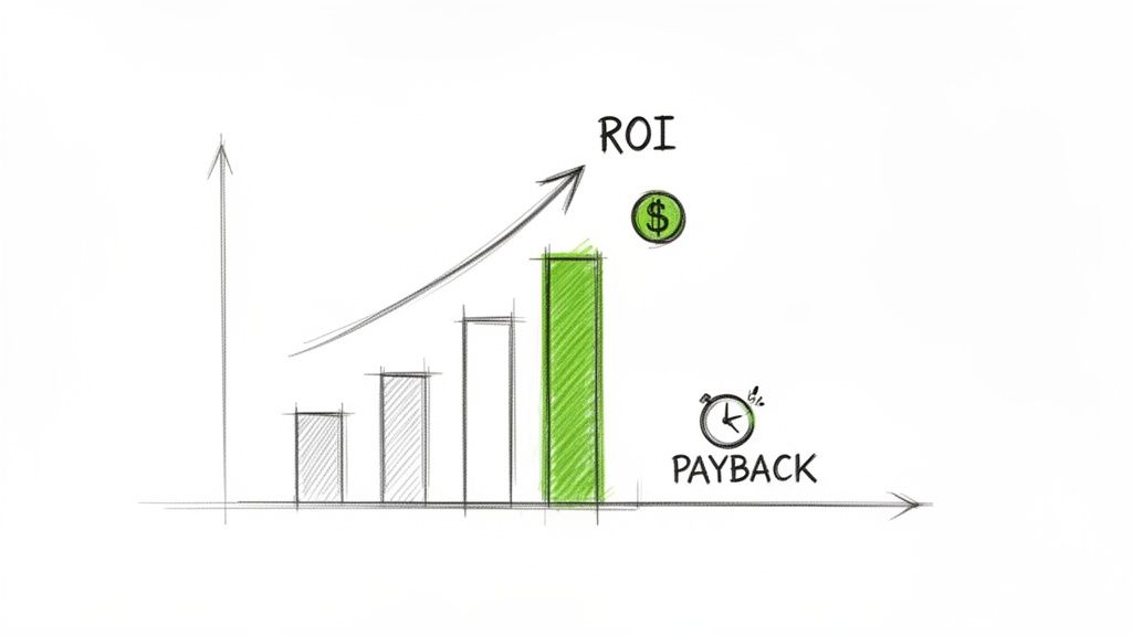 Bar chart showing increasing ROI and decreasing payback time.