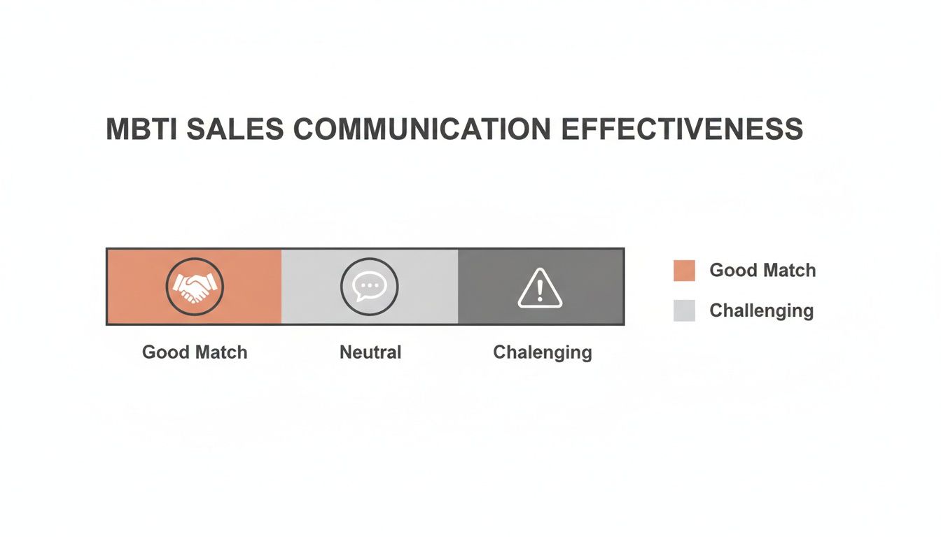 A graphic illustrating MBTI sales communication effectiveness across good, neutral, and challenging interactions.