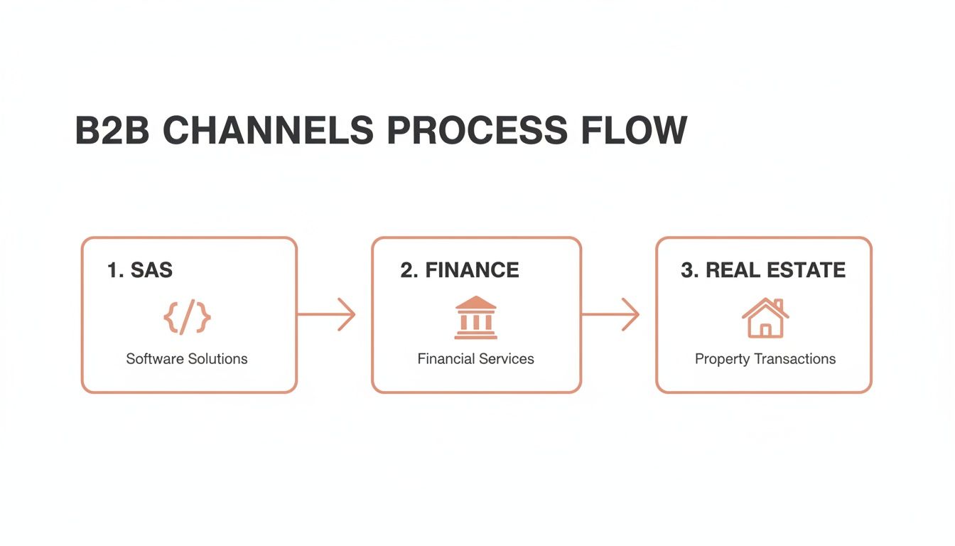 B2B lead generation process flow for SaaS, Finance, and Real Estate.
