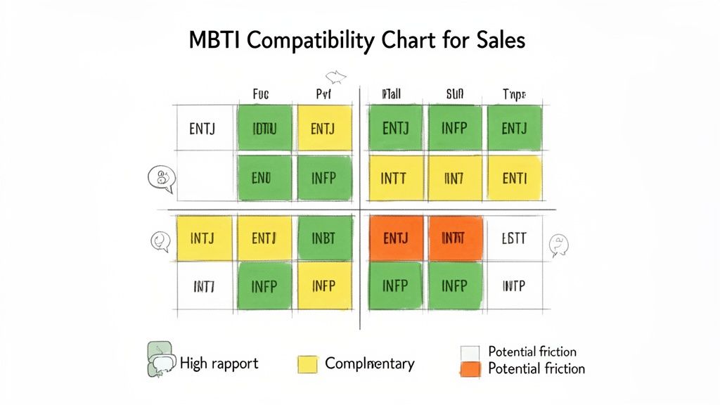 An MBTI compatibility chart for sales, displaying rapport and potential friction between personality types.