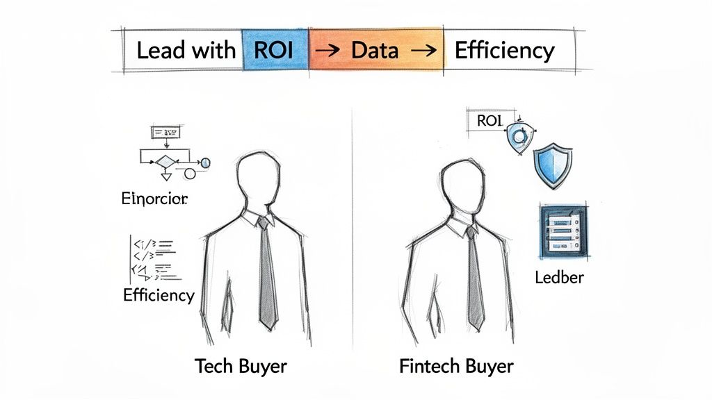 Diagram comparing Tech Buyer and Fintech Buyer priorities: Tech focuses on efficiency, Fintech on ROI and security.