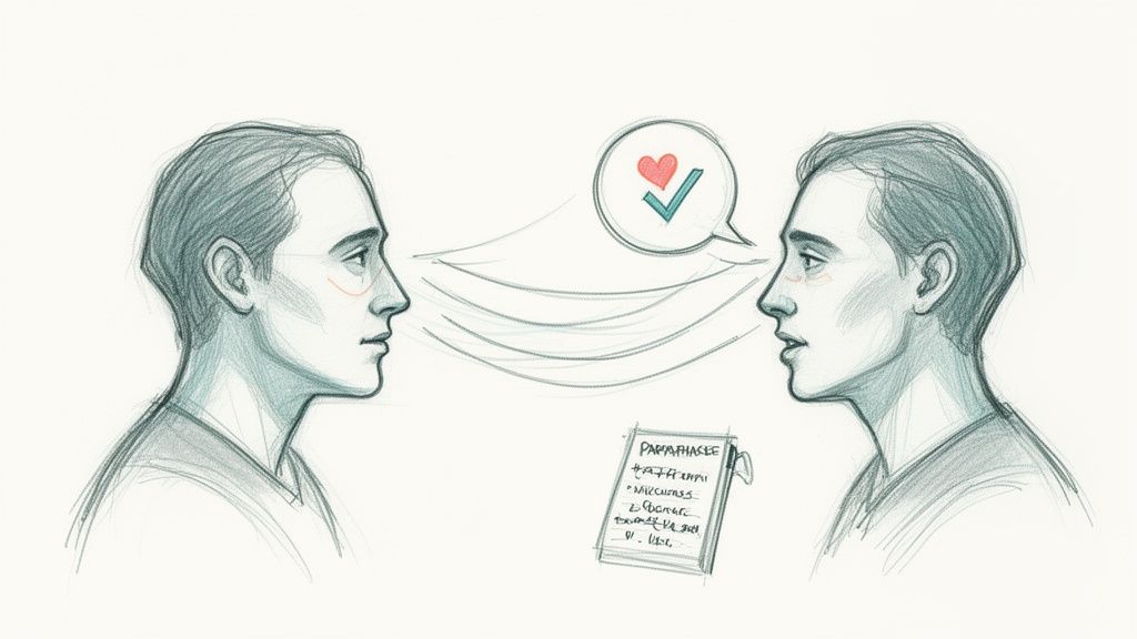 Sketch of two people communicating, with a speech bubble showing a heart and checkmark, symbolizing understanding and agreement.