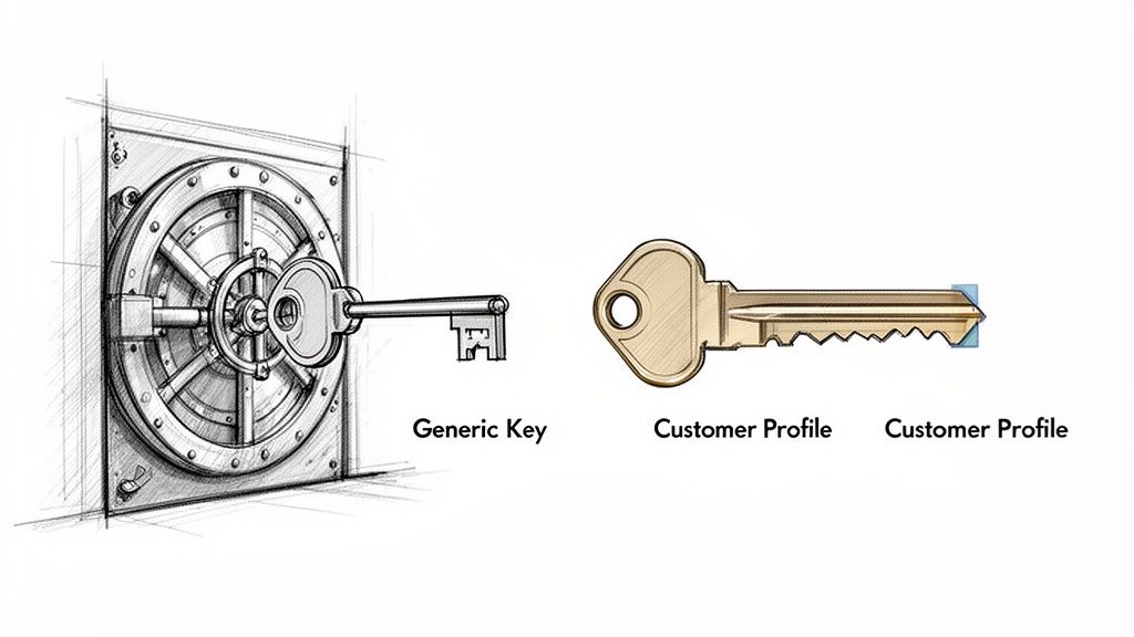 A skeleton key contrasts with a modern keycard for a customer profile.