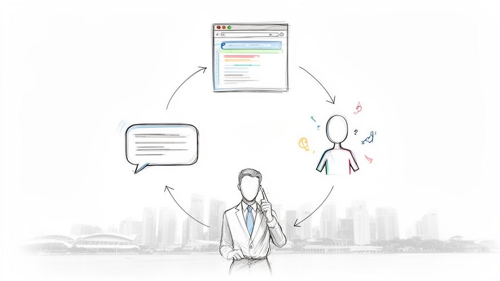 A hand-drawn diagram showing a client profiling cycle with a person, chat, and browser.