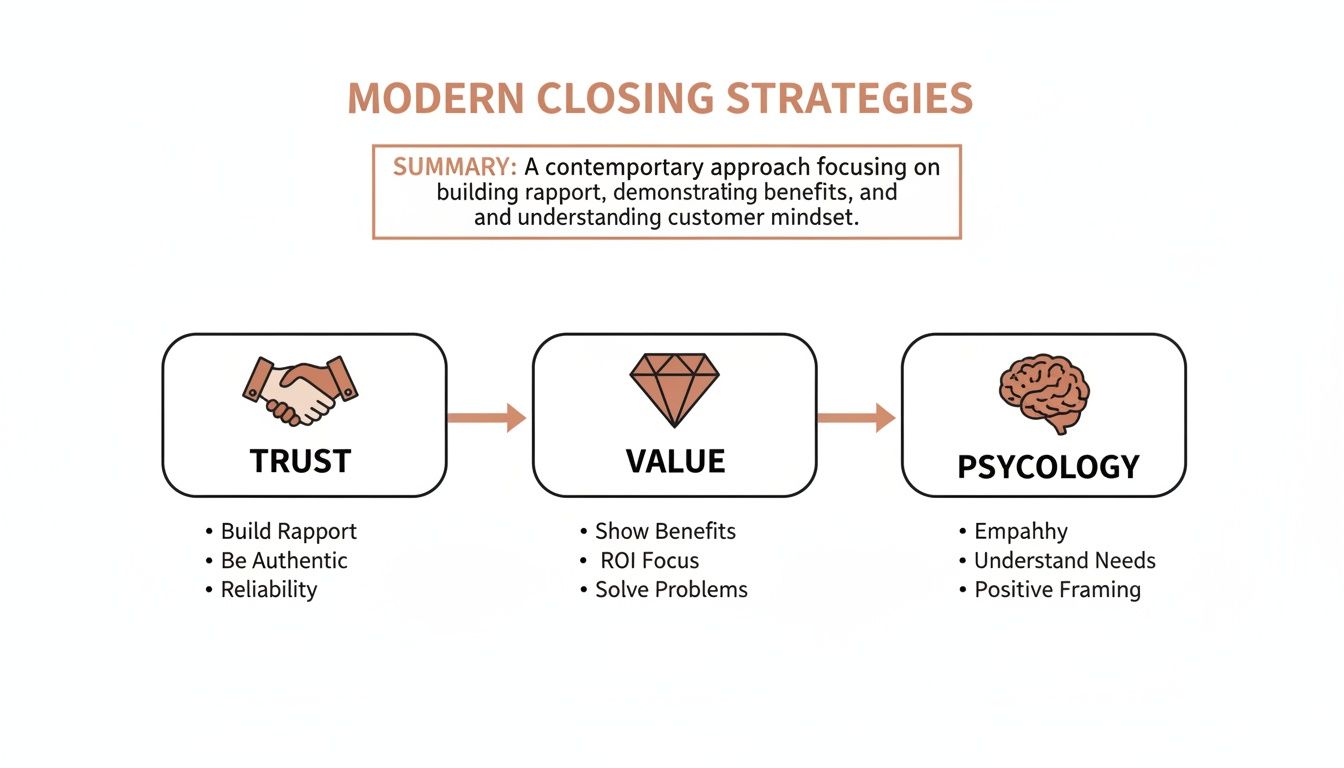 Flowchart of modern closing strategies based on Trust, Value, and Psychology.