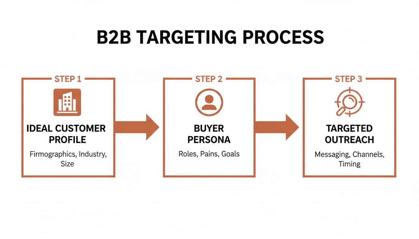 Diagram showing the B2B targeting process from Ideal Customer Profile to Buyer Persona and outreach.