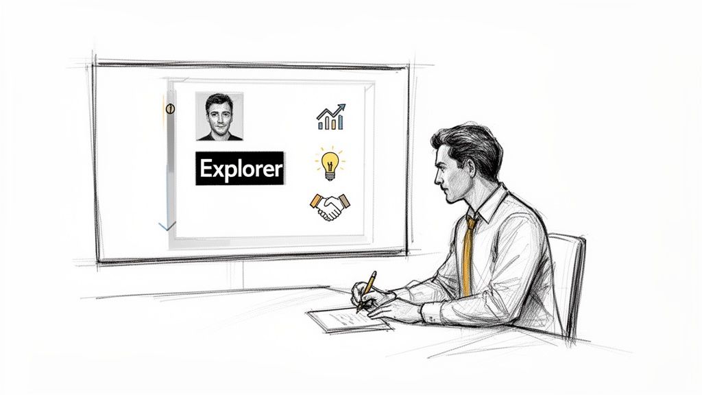 Man analyzing a digital profile on a screen.