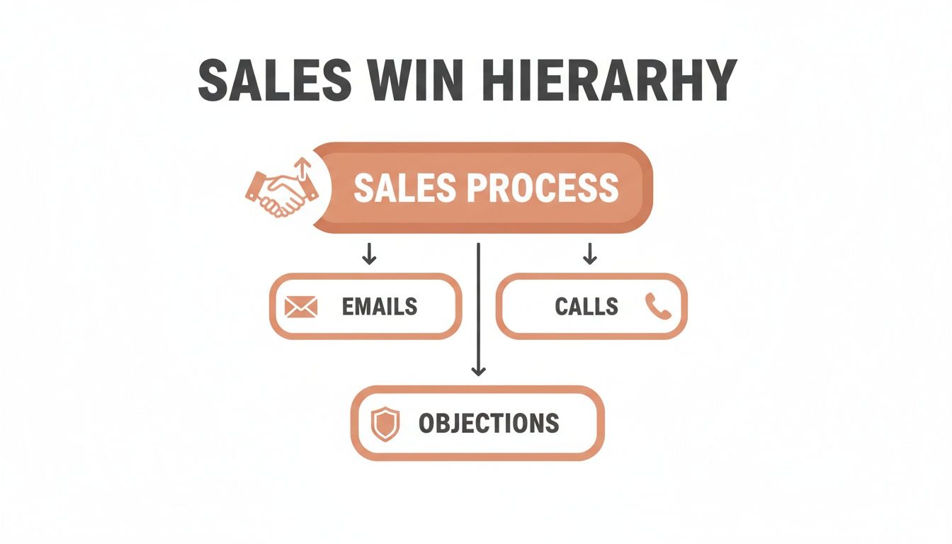 Sales process flowchart from emails to managing objections.