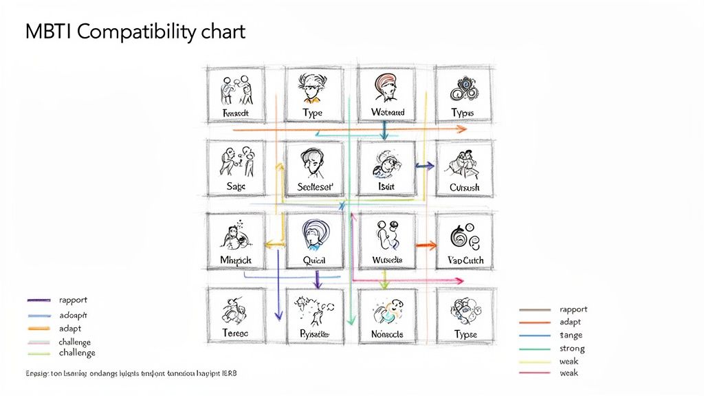 A hand-drawn MBTI compatibility chart displaying connections between various personality types with colored lines.