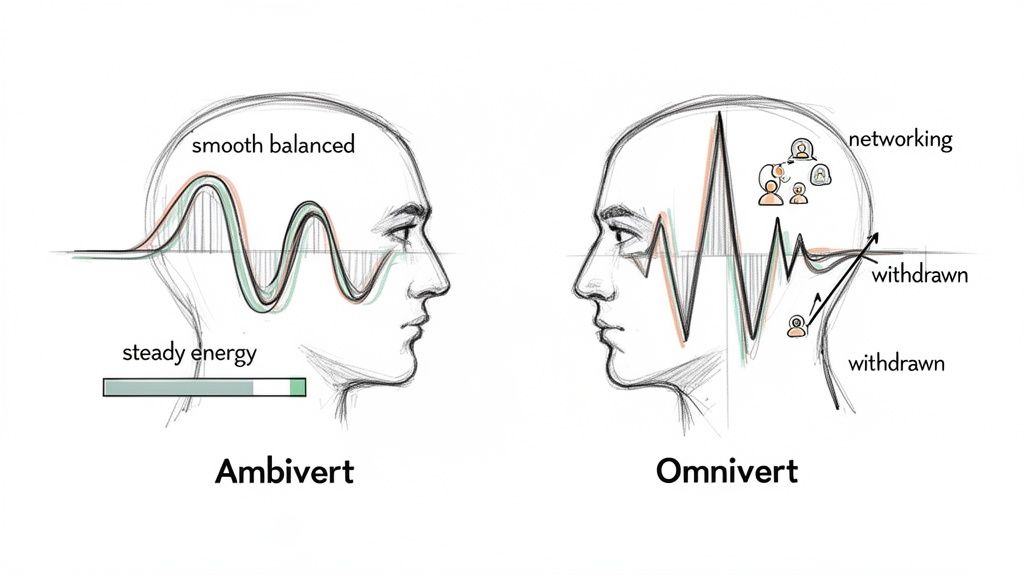 Ambivert's steady energy vs. Omnivert's fluctuating energy.