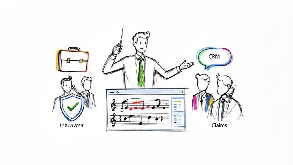 A conductor orchestrating insurance processes.