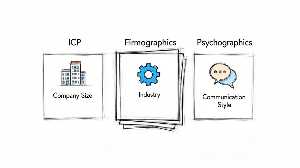 Diagram showing ICP, Firmographics, and Psychographics with examples.