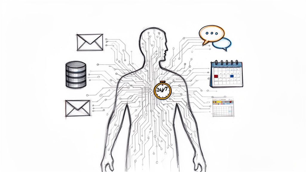 A diagram showing how automation connects communication, data, scheduling, and 24/7 services.