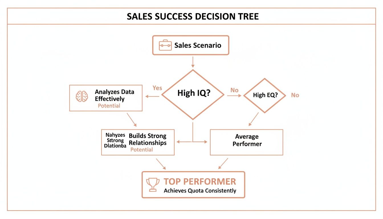 A flowchart illustrating how IQ and EQ combine to drive sales success and top performance.