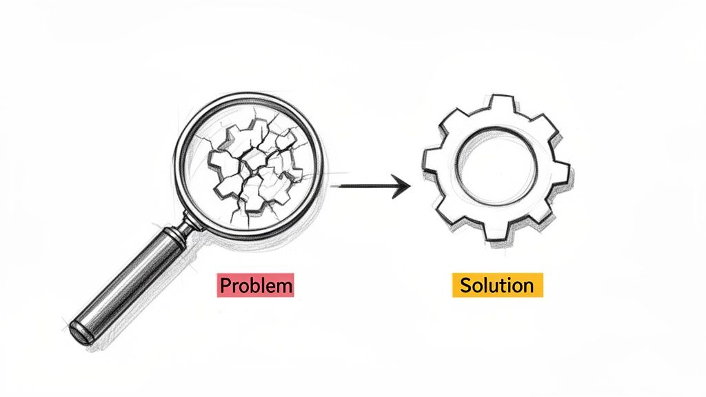 An image showing a problem (broken gear) being transformed into a solution (whole gear).
