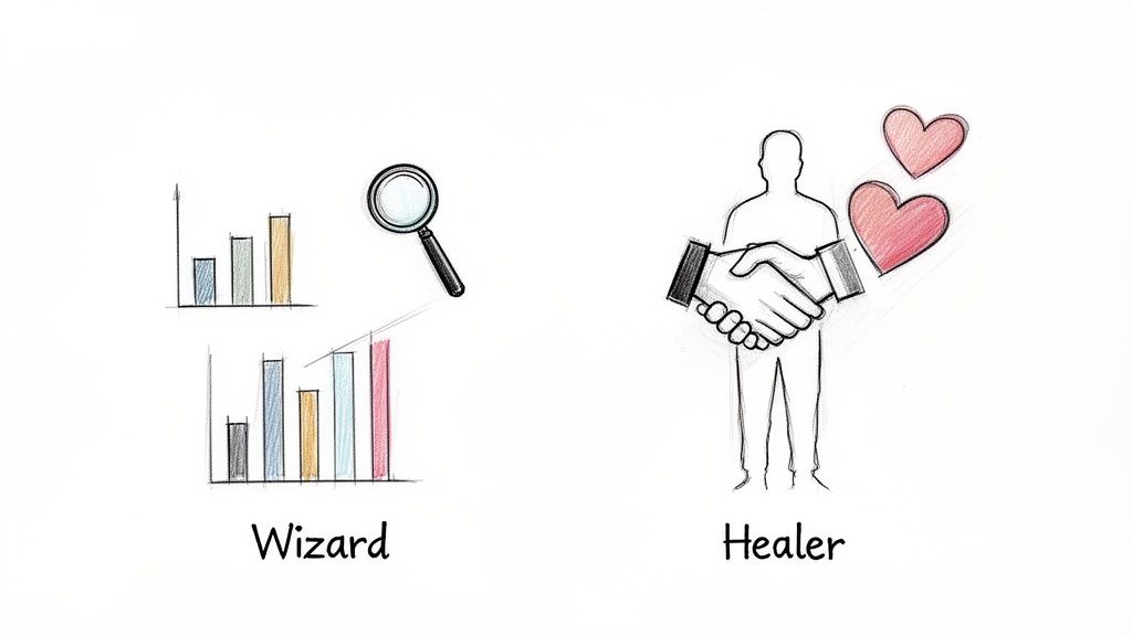 A doodle comparing the 'Wizard' and 'Healer' persona archetypes.