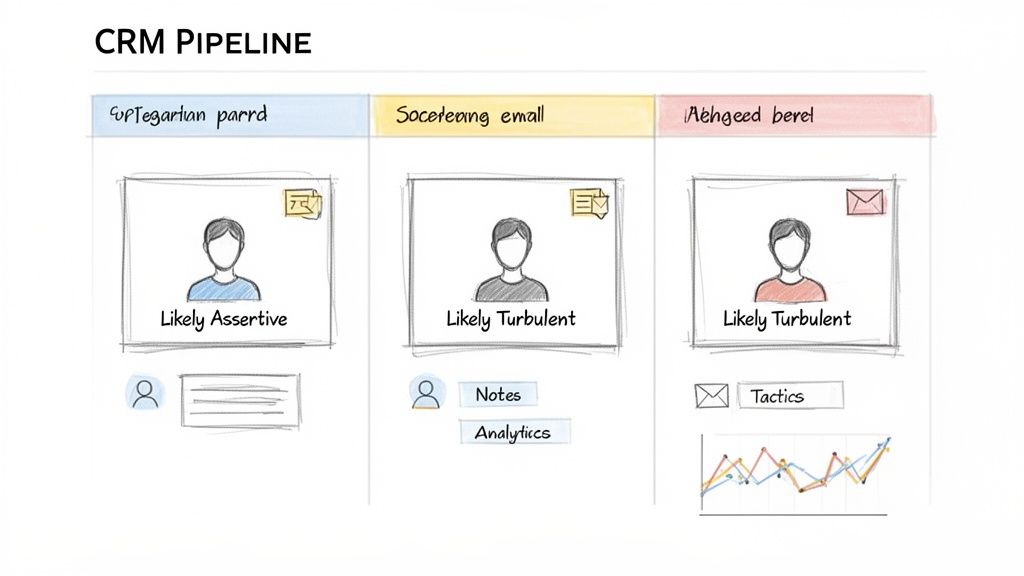 A CRM pipeline showing three stages with customer profiles, categorized as likely assertive or turbulent, along with associated notes, analytics, and tactics.