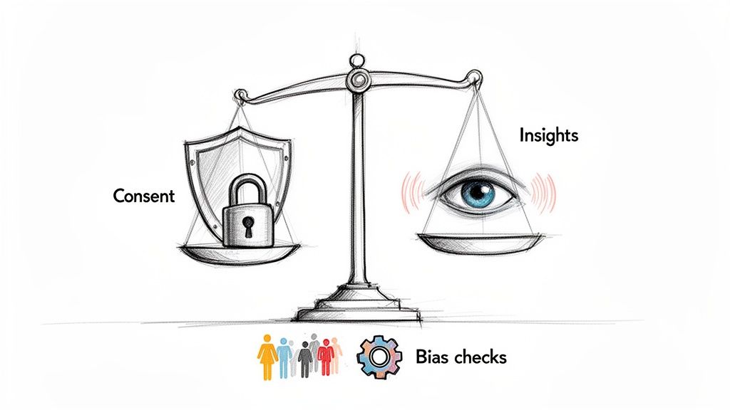 Balance scale weighing consent and privacy vs. insights and bias.