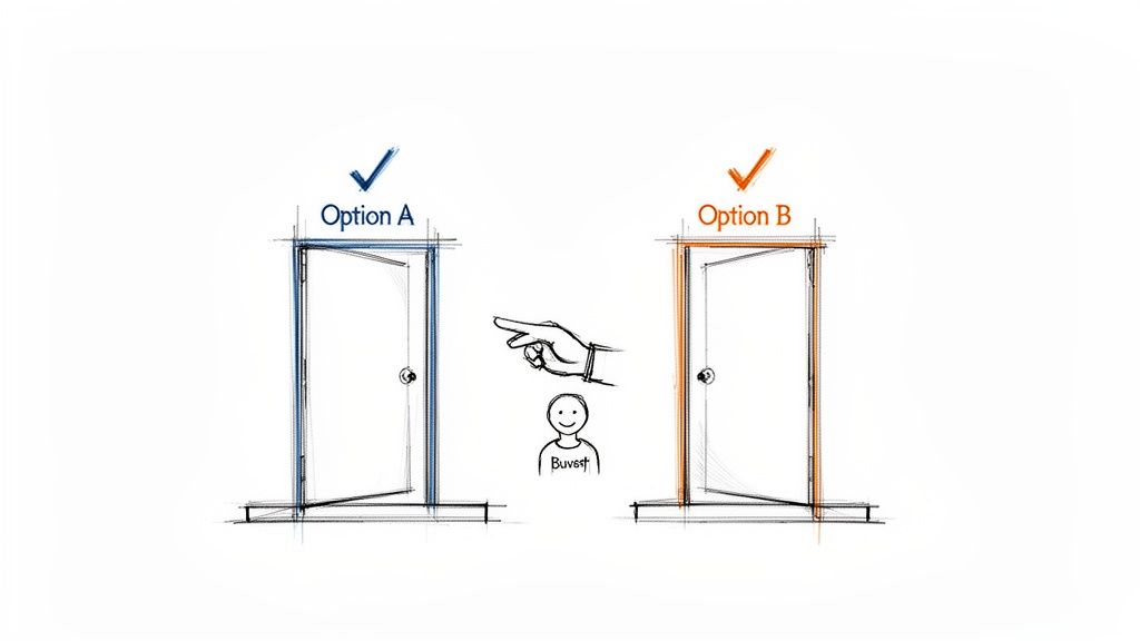 Cartoon person choosing Option A over Option B.