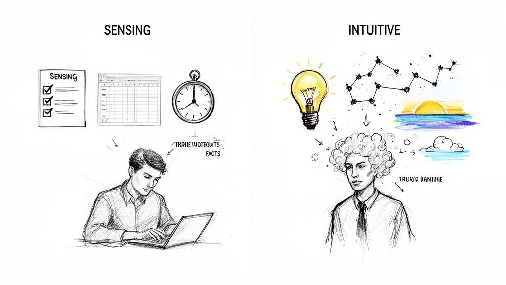 An illustration comparing 'Sensing' and 'Intuitive' personality types, showing their distinct approaches to information and thinking.