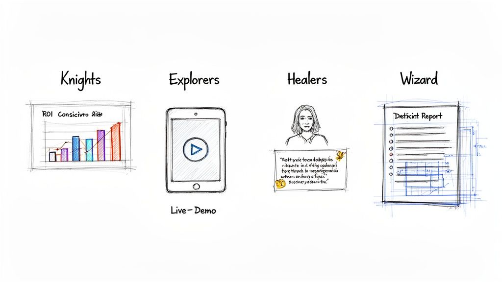 Hand-drawn sketches representing four personality types: Knights, Explorers, Healers, and Wizard, each with a corresponding visual.