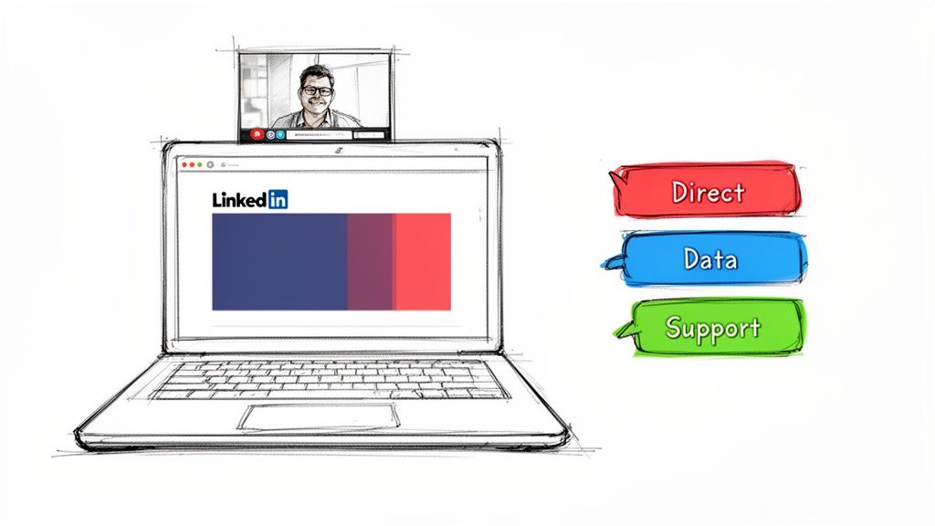 A sketch features a laptop with LinkedIn, a video call, and speech bubbles for Direct, Data, Support.
