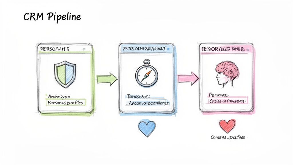 A diagram of a CRM pipeline enhanced with persona profile insights.