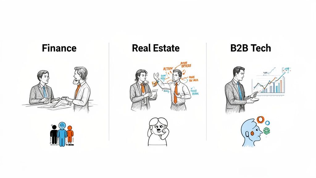 An image illustrating concepts from Finance, Real Estate, and B2B Tech industries, representing where AI sales assistants are used.