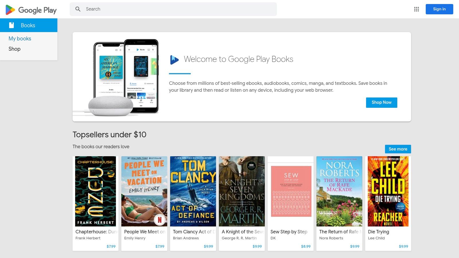 Google Play Books homepage.