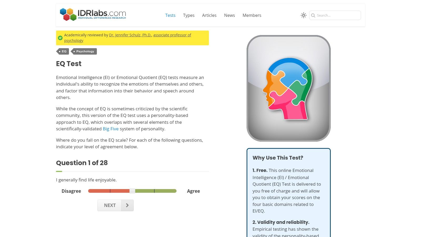 IDRlabs emotional intelligence test interface.