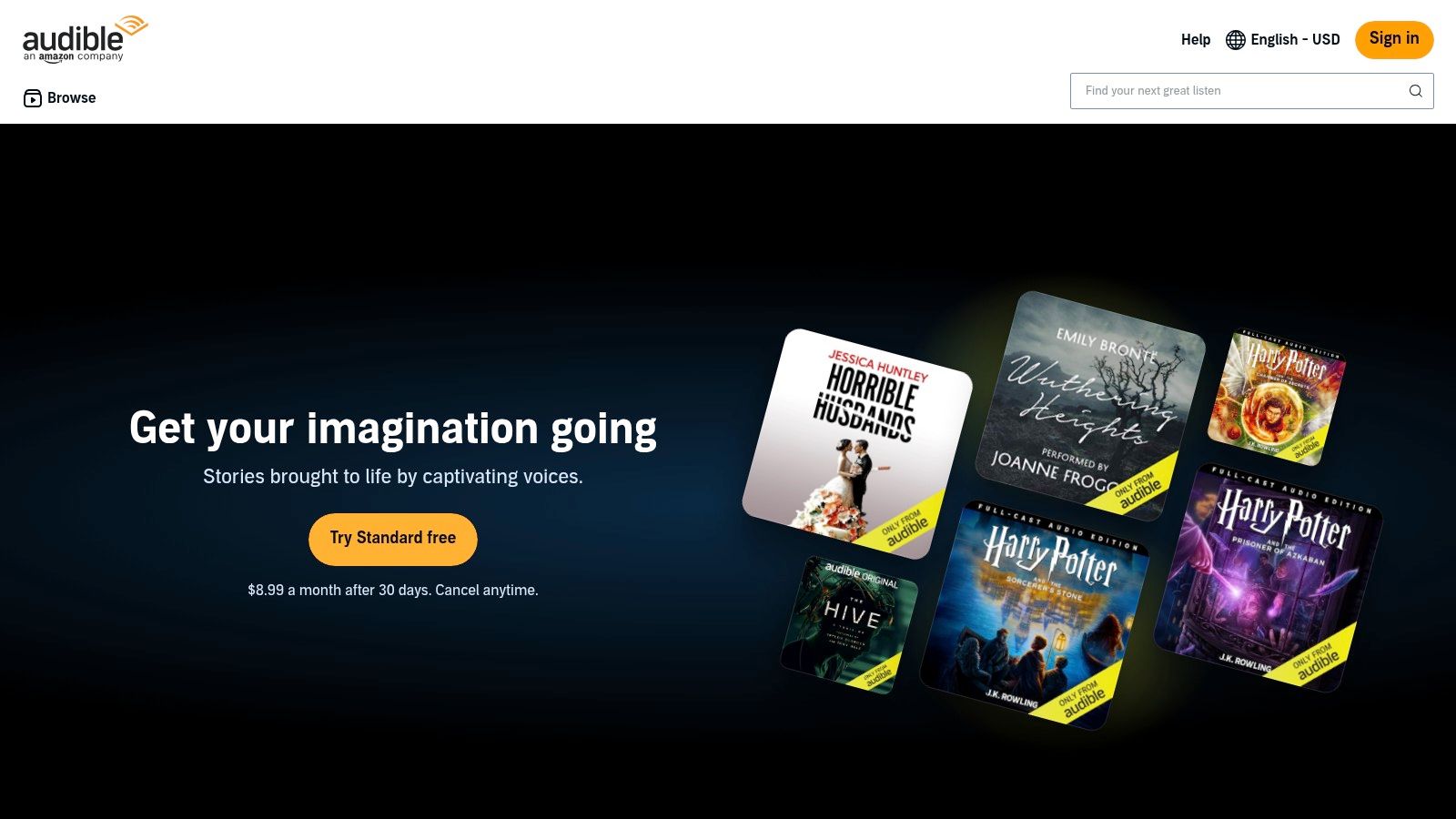 Screenshot of the Audible website featuring audiobook covers.