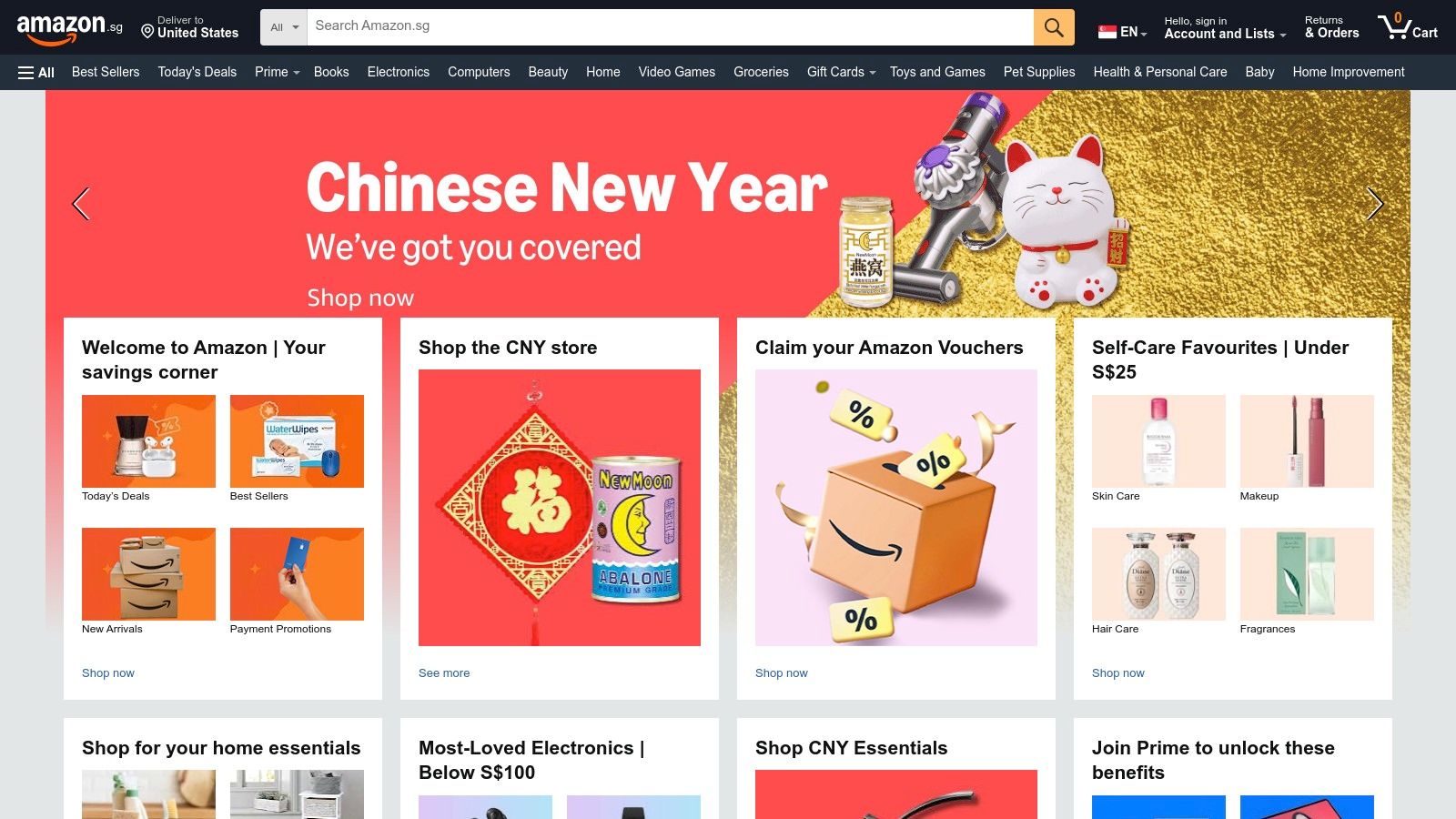 Screenshot of the Amazon Singapore website homepage.