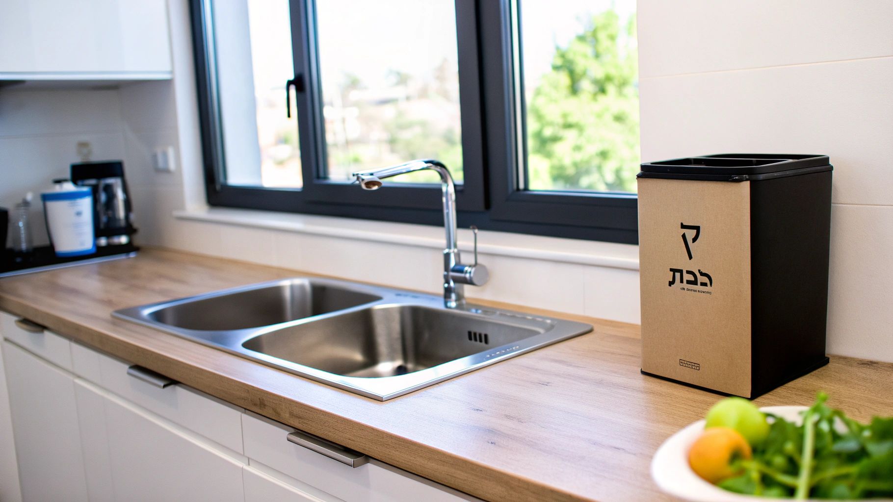 כיור מטבח מודרני עם טוחן אשפה מותקן מתחתיו