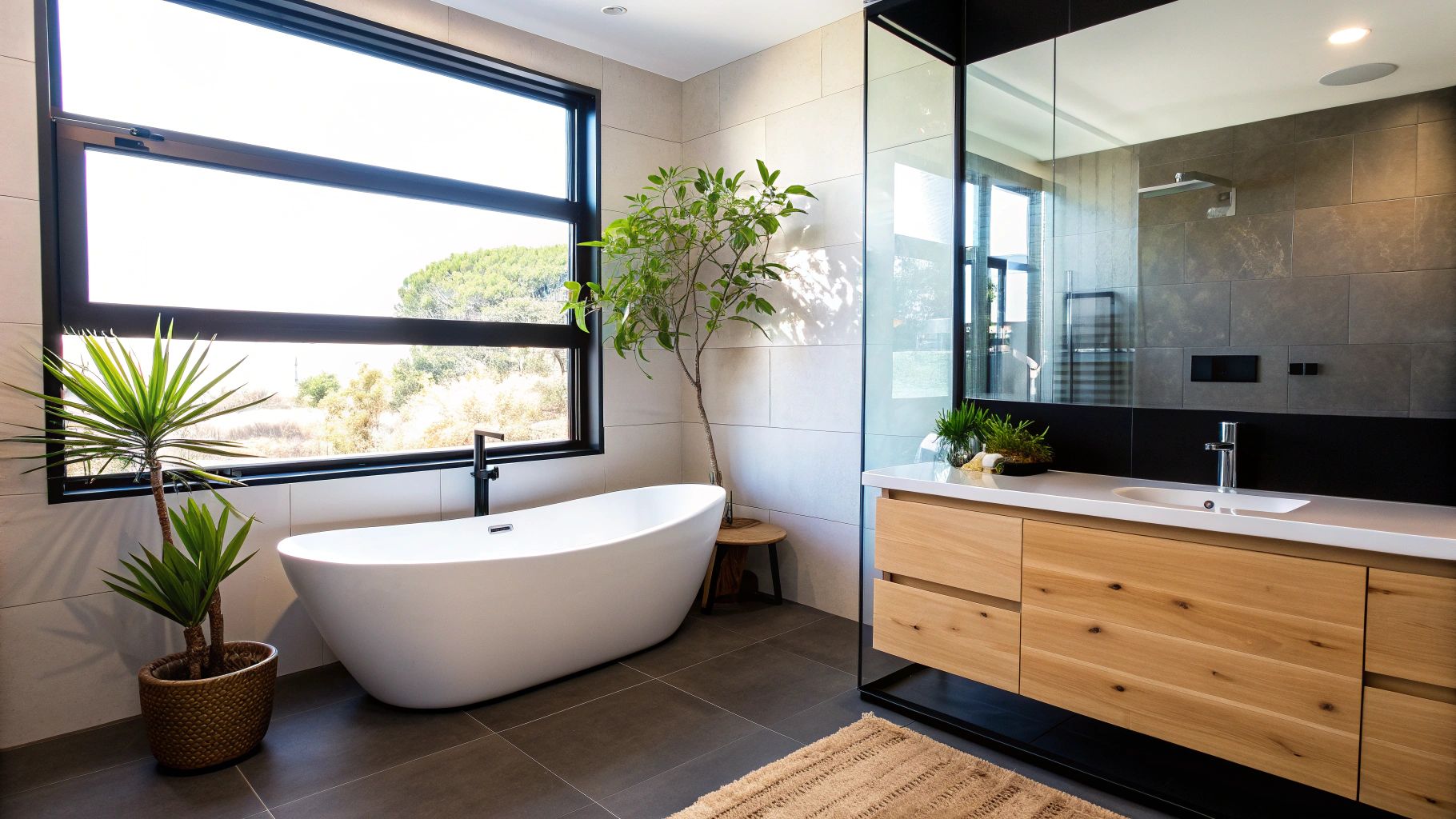 חדר מקלחת מעוצב עם אריחים גדולים בגוון אפור, ארון עץ מרחף וצמחייה ירוקה